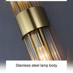 Aurelix wall sconce detail, polished gold stainless steel mounting bracket and crystal glass rods