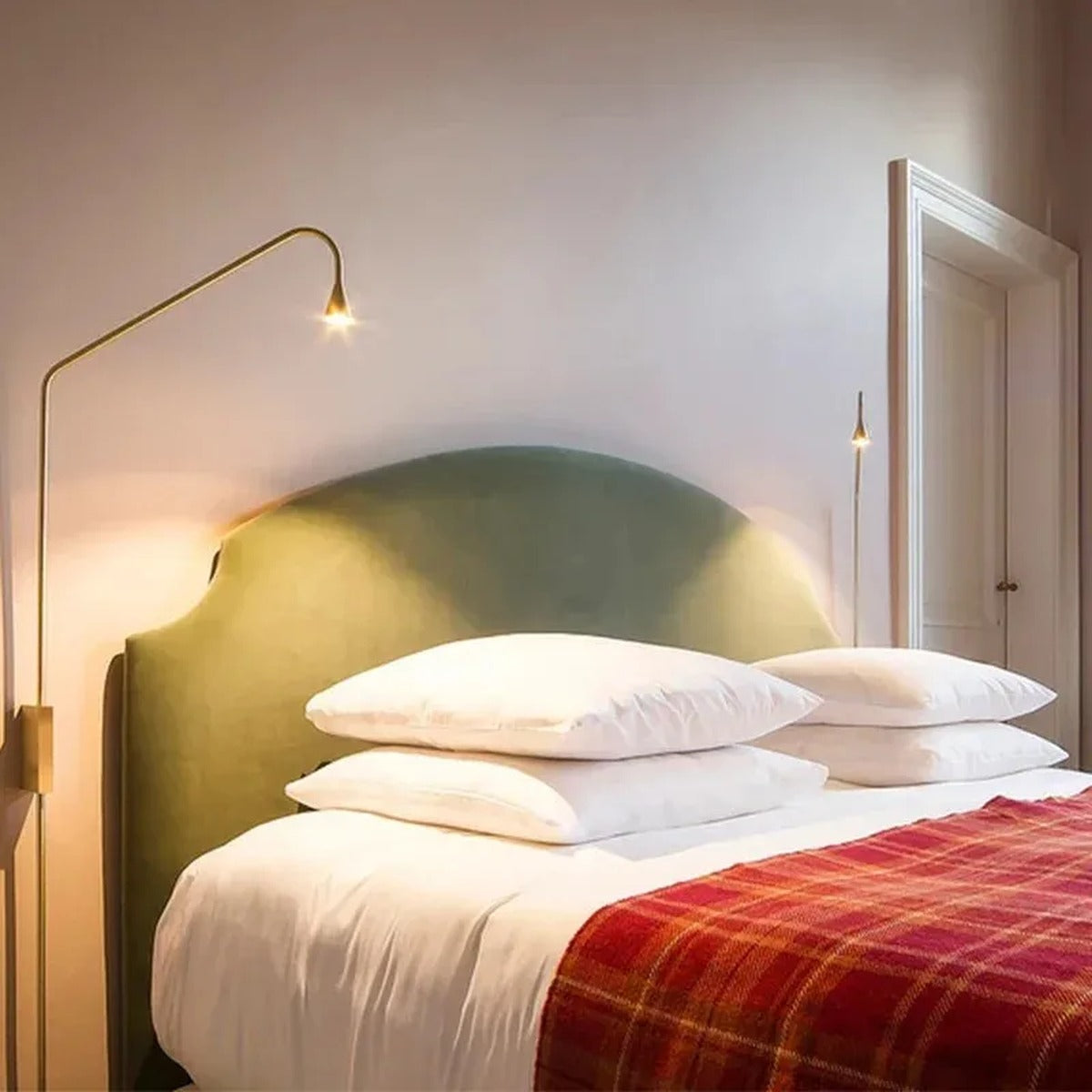 Minimal Arc Cone Spotlight Wall Lamp – Calrix – Brushed Gold, Lifestyle Bedroom View