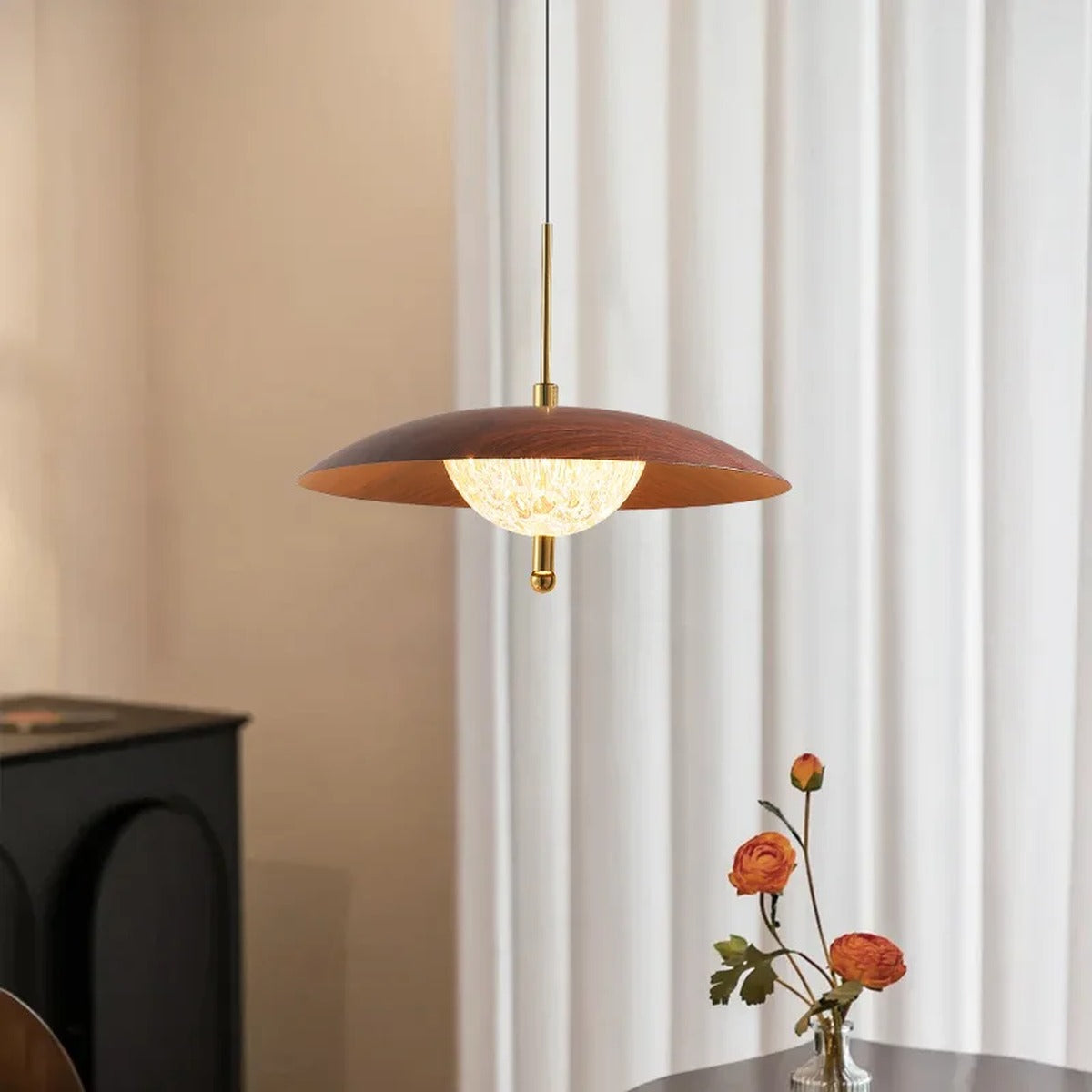 Walnut Dome & Crystal Bowl Pendant Light – Aximund – Lifestyle View 3