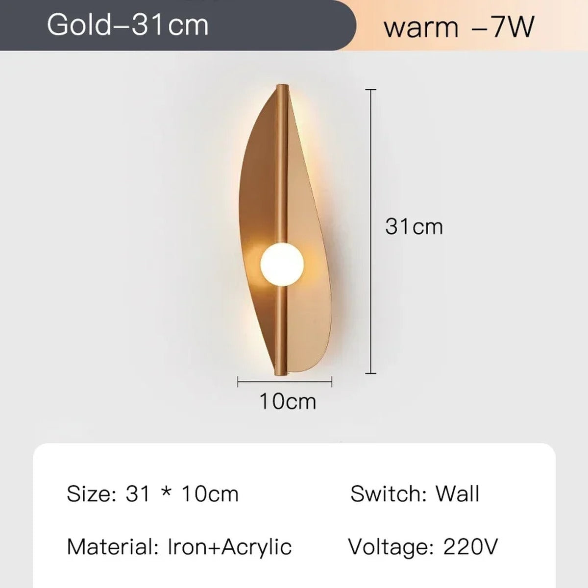 Wabi-Sabi Leaf-Form Wall Sconce Velanthos — Gold 31 cm