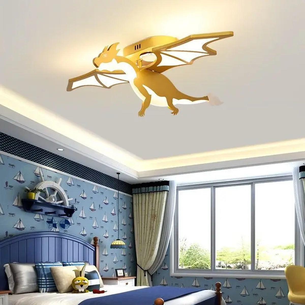 Children's Novelty Gold Dragon Ceiling Light Draevorn – Lifestyle View 2