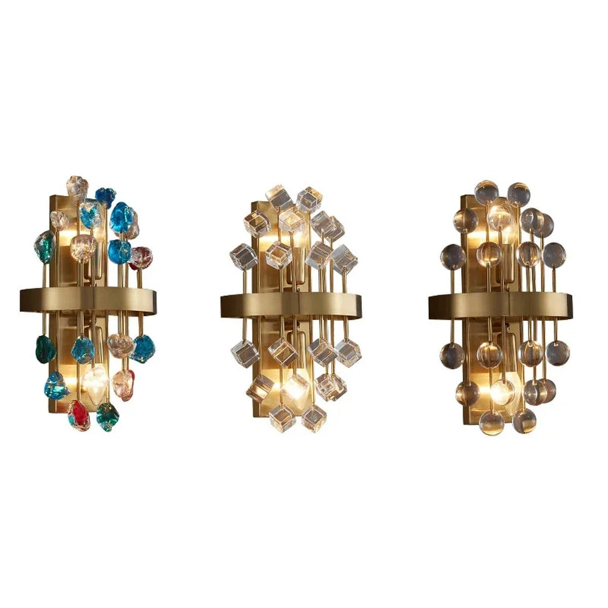 Morvena wall sconce shown in all three crystal finishes: Rainbow Gemstone, Clear Cube, Clear Sphere