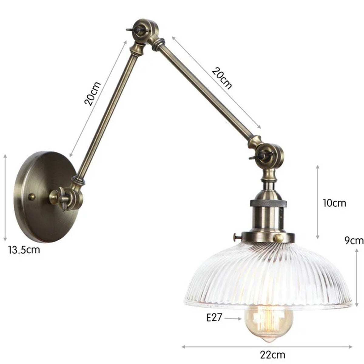 Ribbed Glass Swing-Arm Wall Sconce Velindros – Bronze Finish Detail & Dimensions