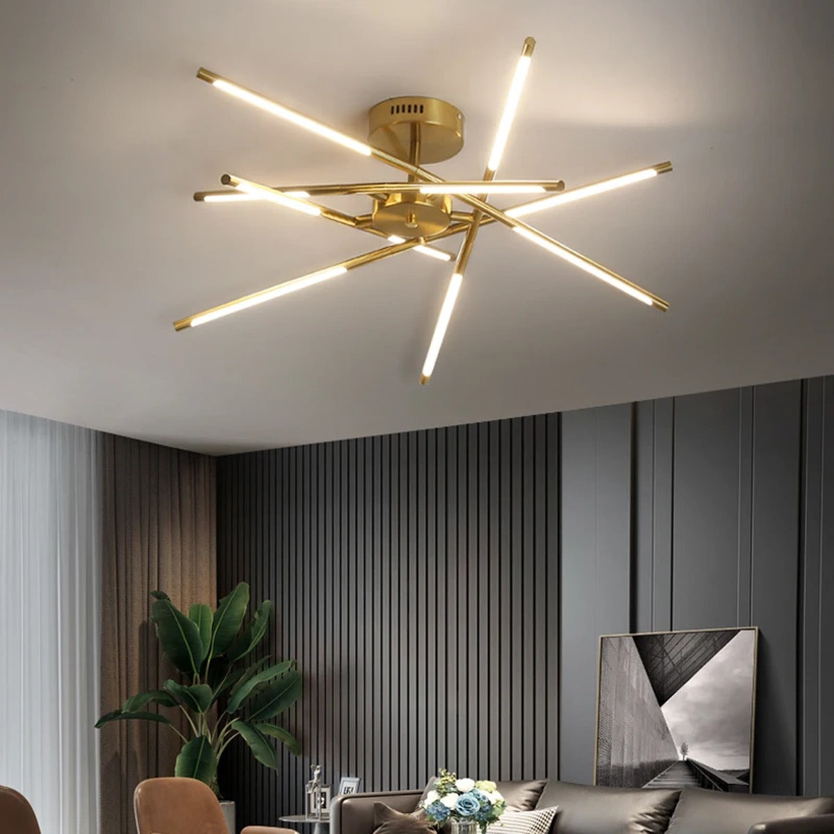 Solendra black and gold starburst chandelier, tunable warm white light