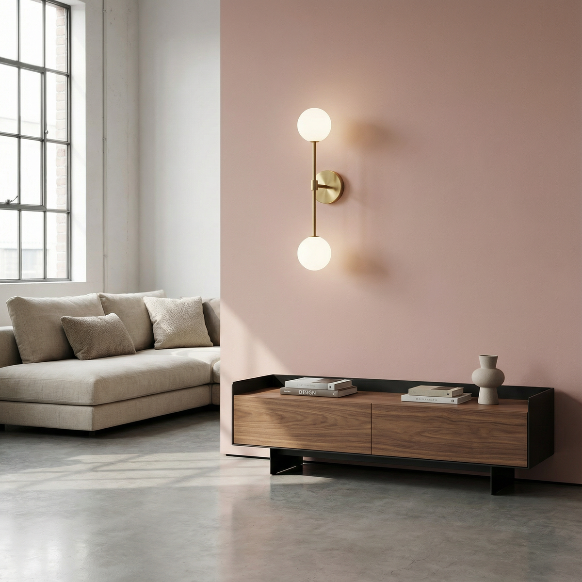 Velaro Twin Globe Wall Sconce – Brass, Living Room Lifestyle