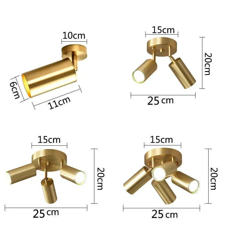 Brushed Gold Pivoting Spotlight Ceiling Light Dirvex – dimensions by configuration