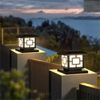 Eonara Mosaic design solar pillar light, terrace at dusk