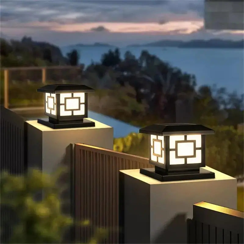 Eonara Mosaic design solar pillar light, terrace at dusk
