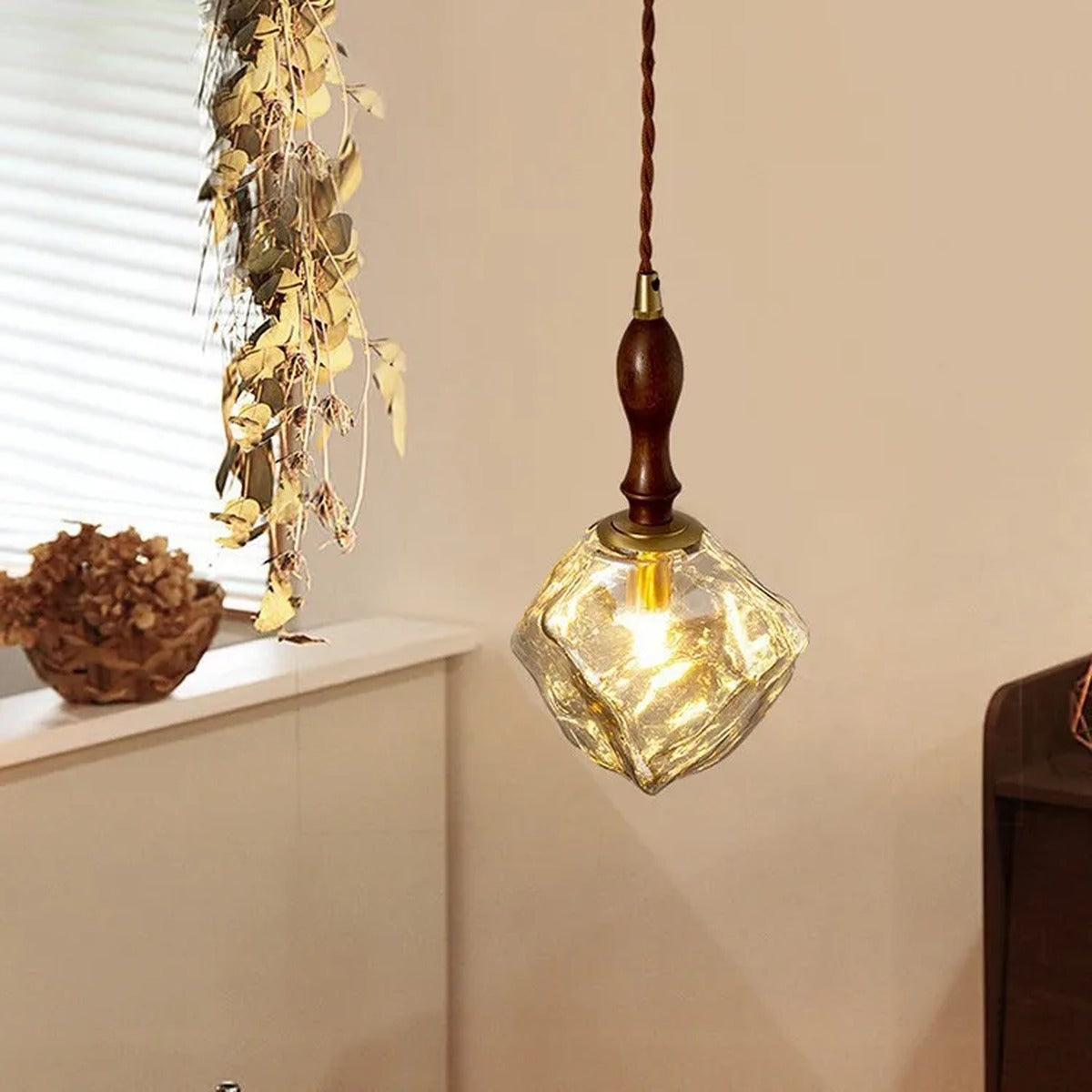 Organic Crumpled Glass Pendant Light Tolux — Walnut Neck detail, Amber glass