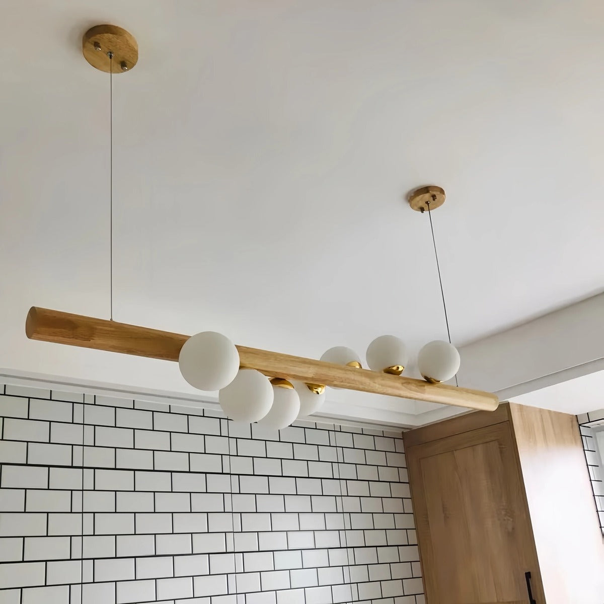 Staggered Glass Orb Wood Beam Chandelier – Orbison – Hero Shot