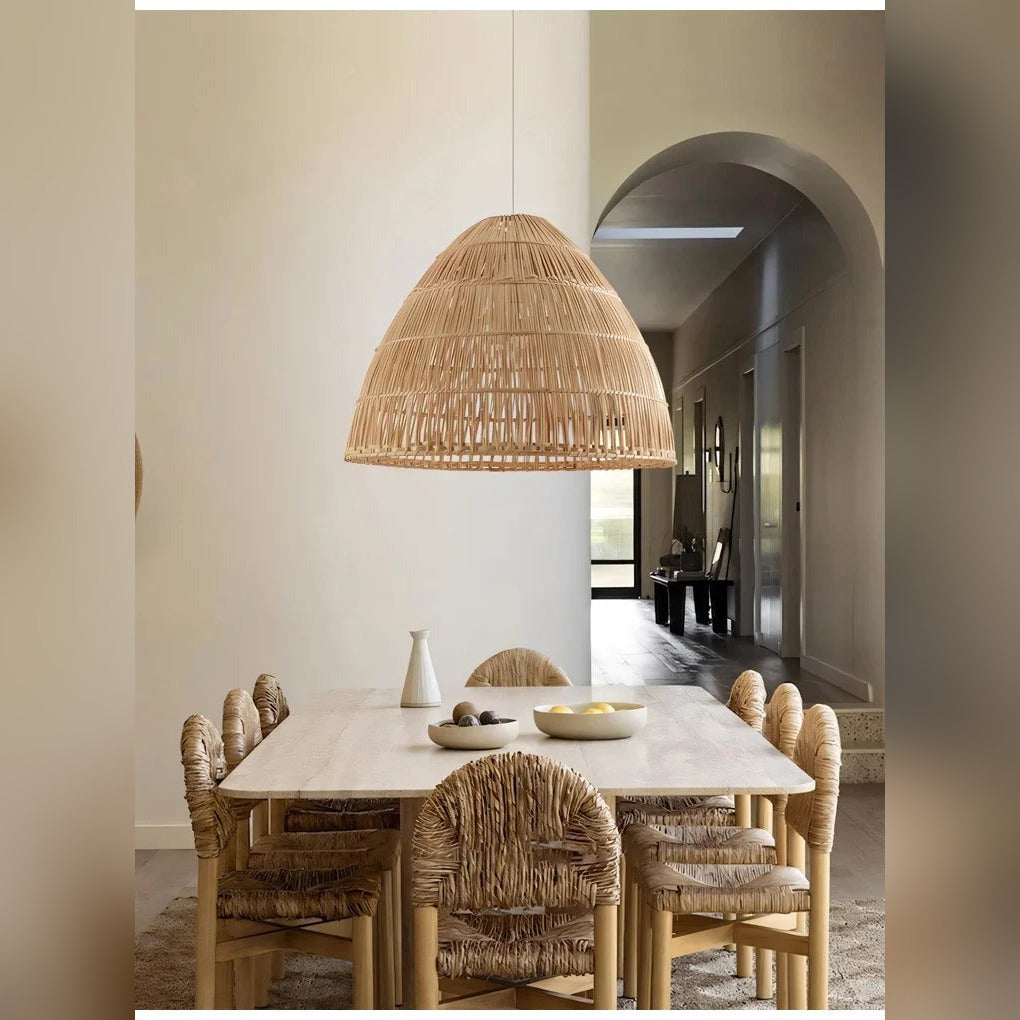 Htaeloria woven bamboo pendant light, single fixture in hallway