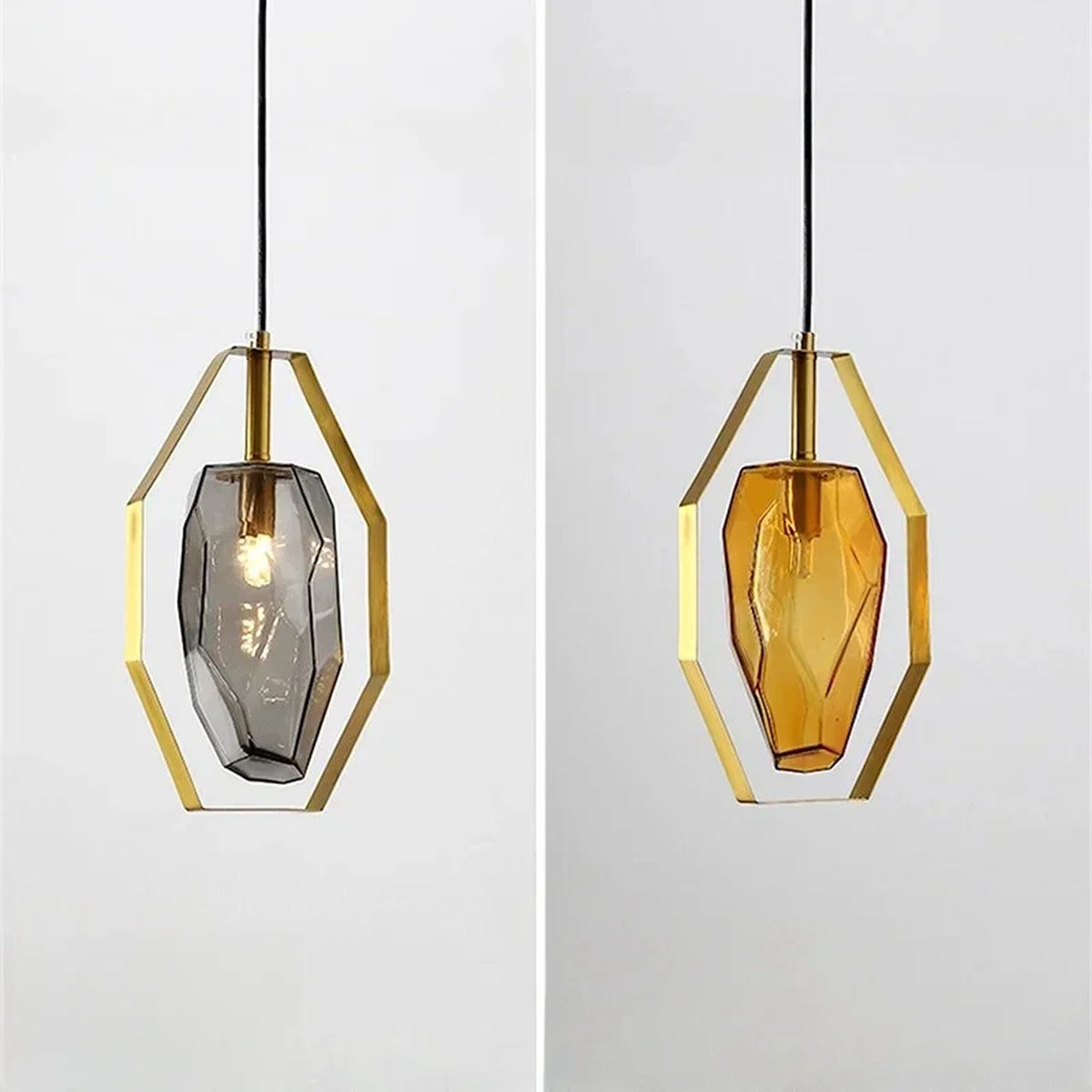 Brass Octagonal Frame Faceted Glass Pendant Light – Glacen – Hero Shot