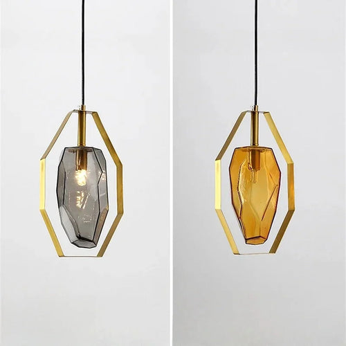 Brass Octagonal Frame Faceted Glass Pendant Light – Glacen – Hero Shot