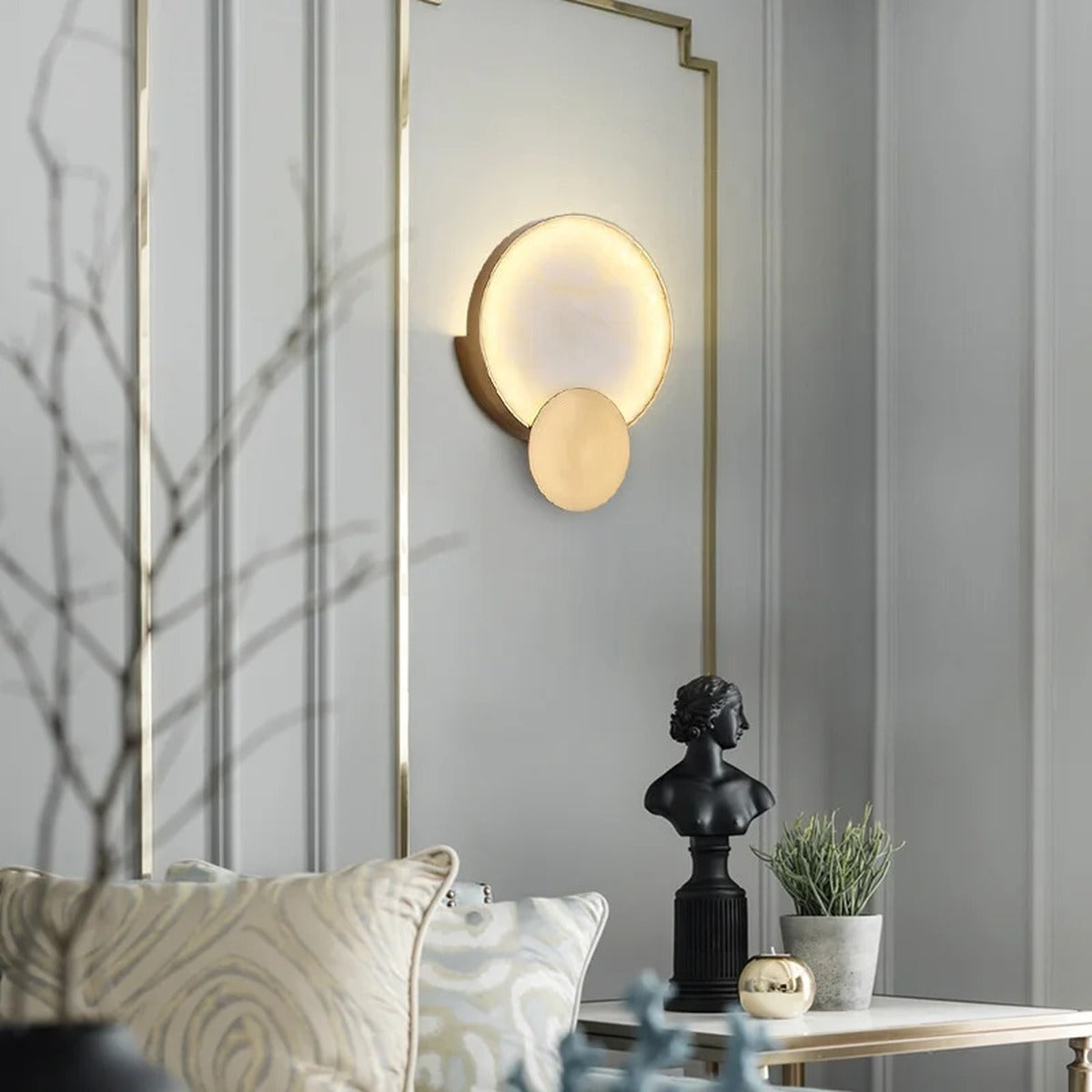 Alabaster Disc & Brass Circle Wall Sconce & Pendant – Tarleon – Living Room Lifestyle
