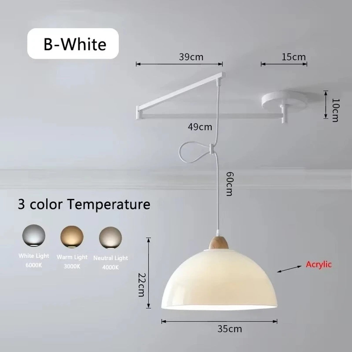 Swing-Arm Pendant Light – Galrex – Style B shade in white, dimensions and finish