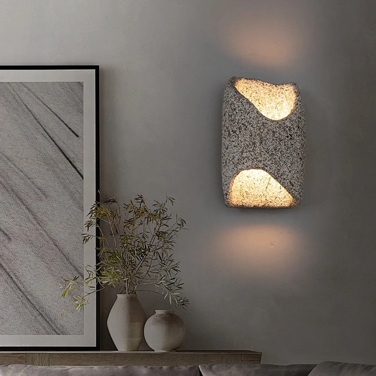 Carved Diagonal Aperture Stone Wall Sconce – Ioluxen – Hero Shot