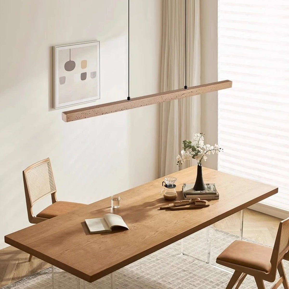 Quarren travertine LED linear bar pendant — 100cm over oak dining table in Japandi interior