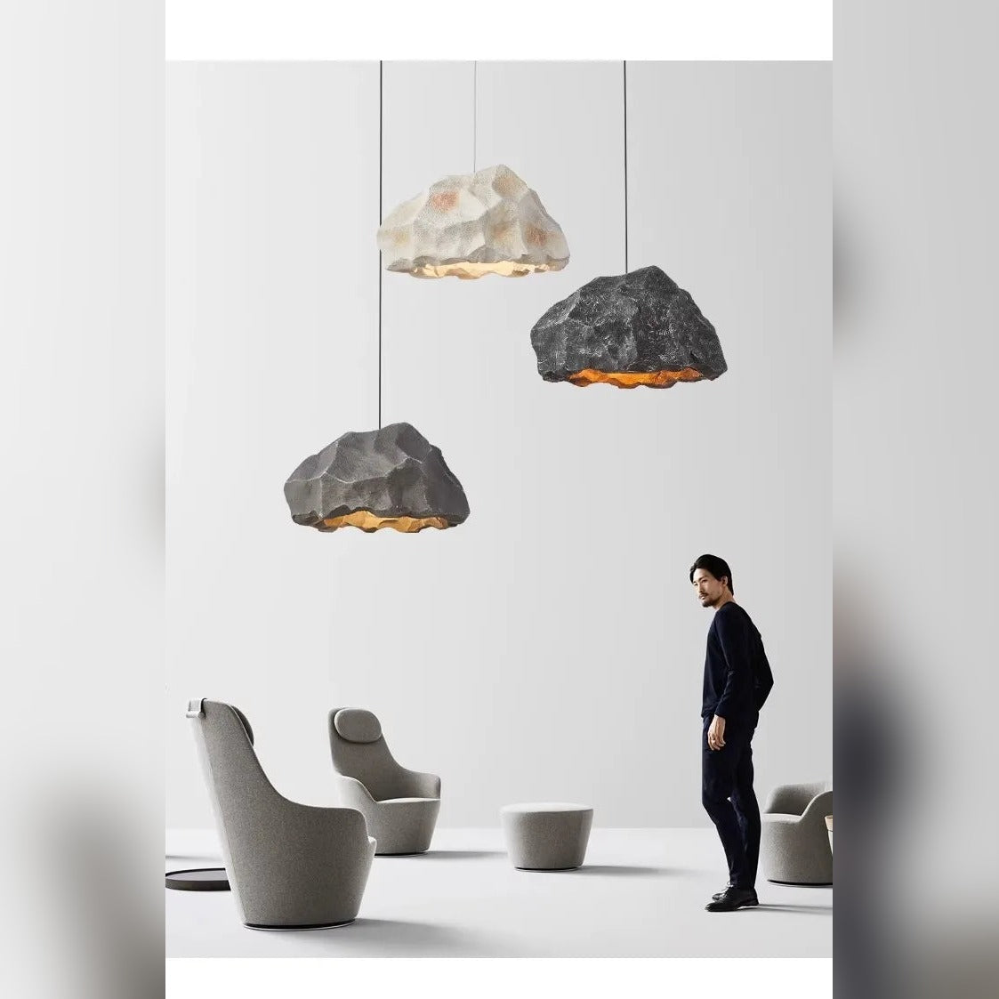 Nordic Rock Pendant Light Bvaelorn – Scale Reference, Three Finishes