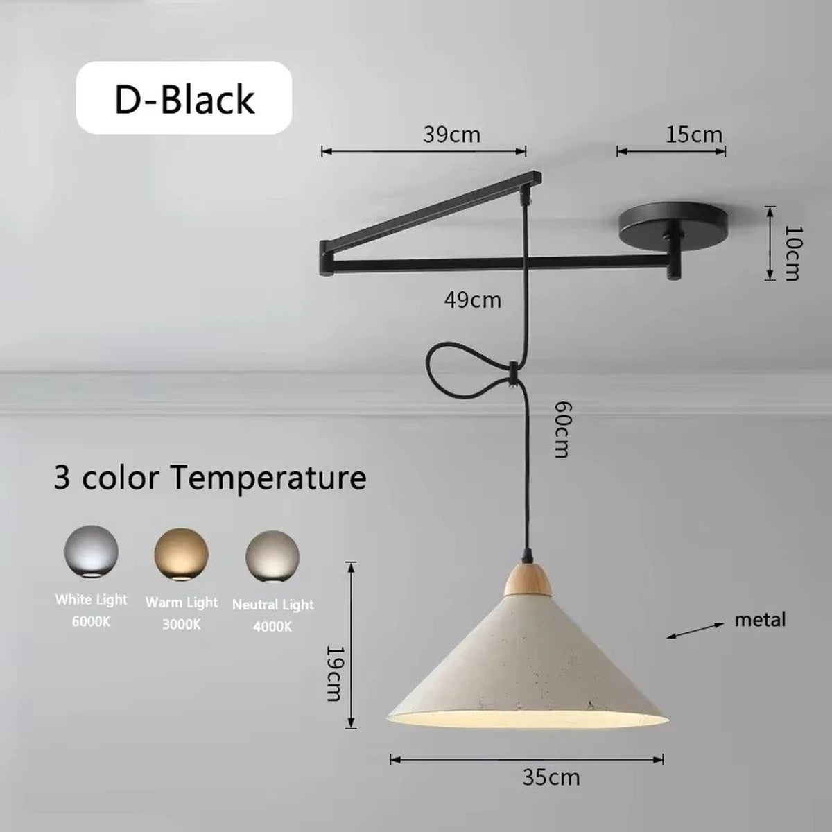Swing-Arm Pendant Light – Galrex – Style D shade in black, dimensions and finish