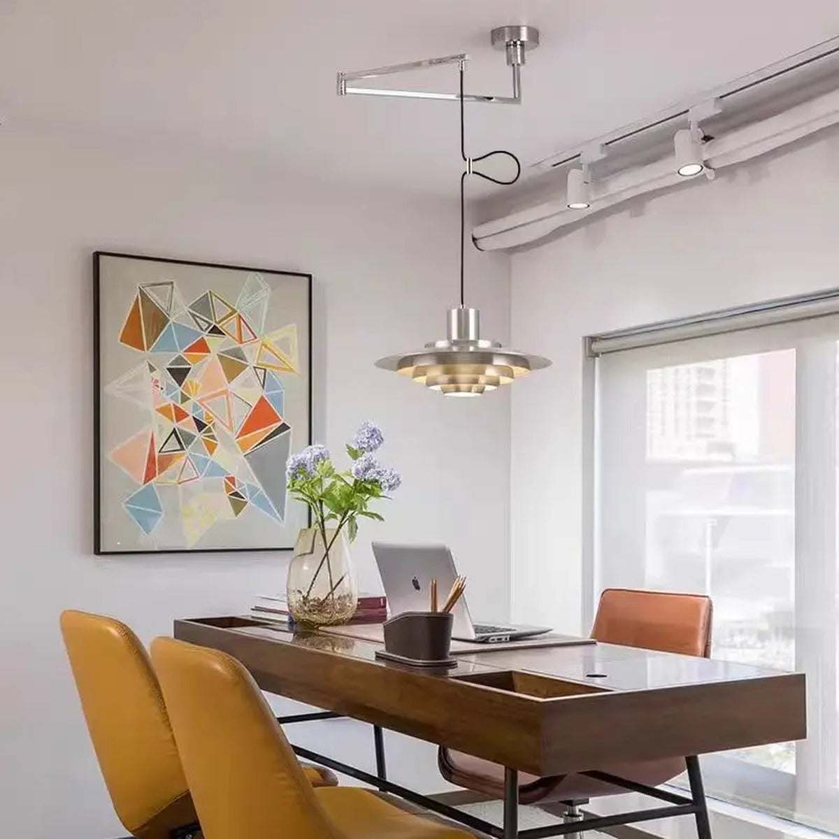 Jarvex Tiered Disc Pendant Light - Swing-Arm Mount, Office Setting
