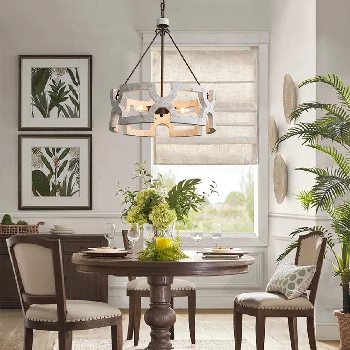Carved Wood Geometric Ring Chandelier – Luxaren – Lifestyle in Dining Room (Vintage White)