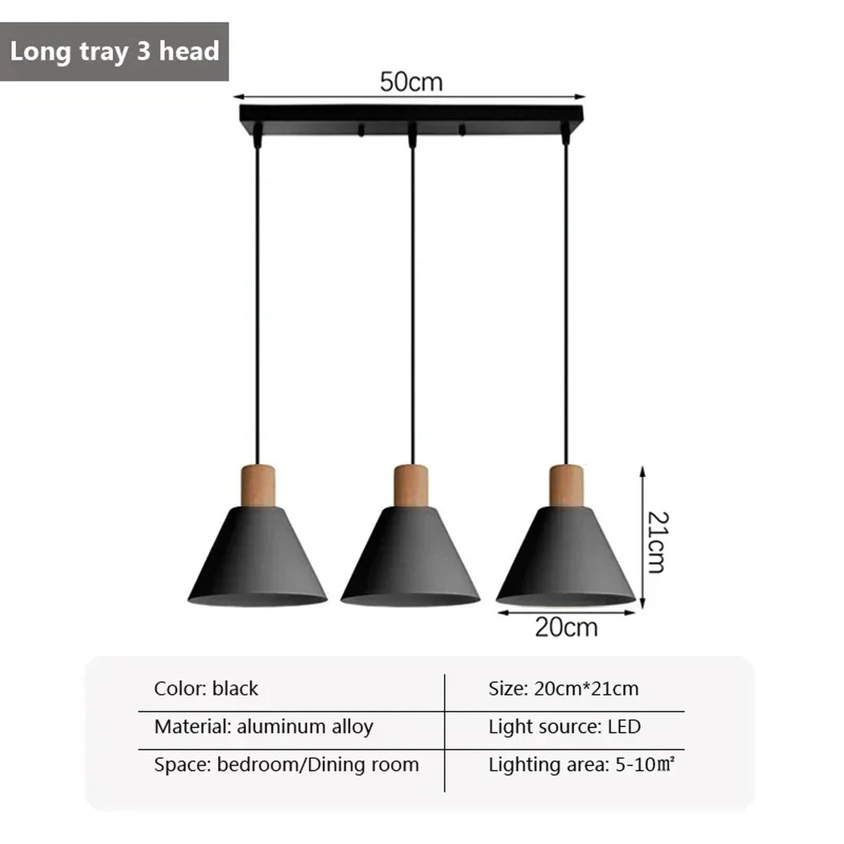 Ulion — black, bar plate, dimension diagram (50cm plate, 20×21cm shades, 100cm drop)
