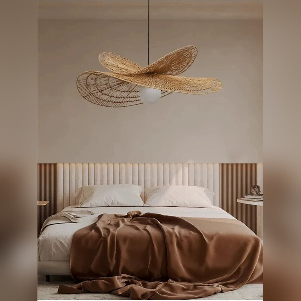Handwoven Rattan Wing Pendant Light Mtavion – Lifestyle in bedroom
