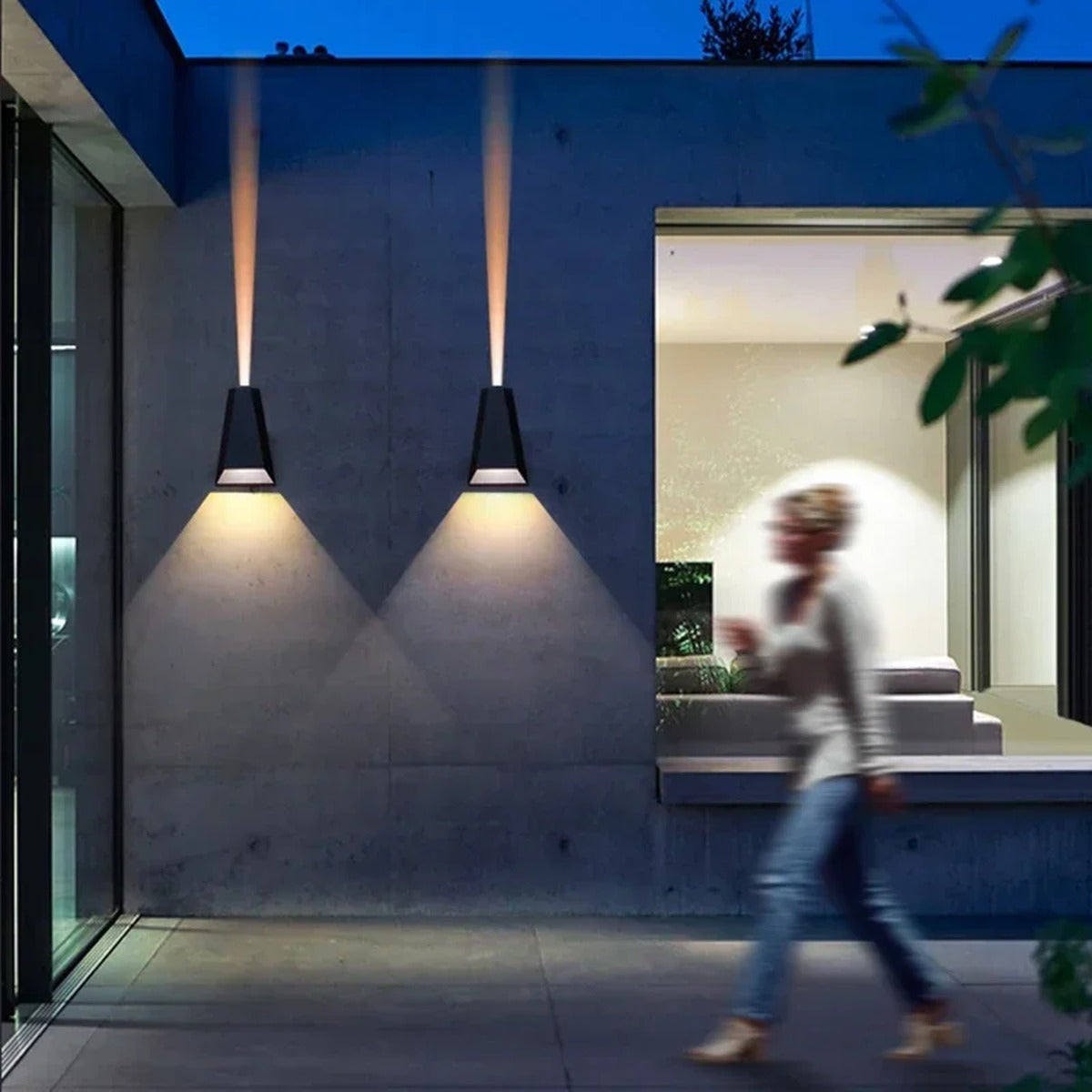 Faceted Aluminum Up-Down Wall Sconce Velano - Lifestyle, Outdoor Facade Pair