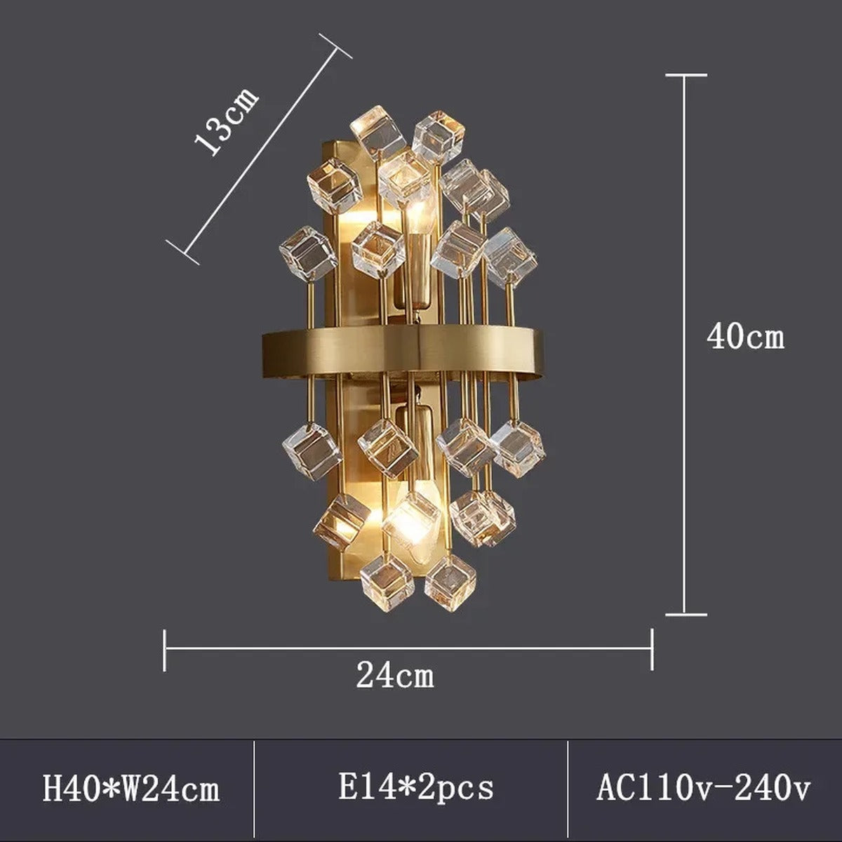 Morvena Clear Cube Crystal wall sconce dimensions: H40 x W24 x D13cm, E14 x2, AC110-240V