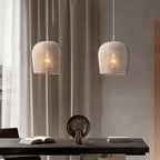 Kirinara Woven Bell Pendant Light -- White, dining table pair lifestyle