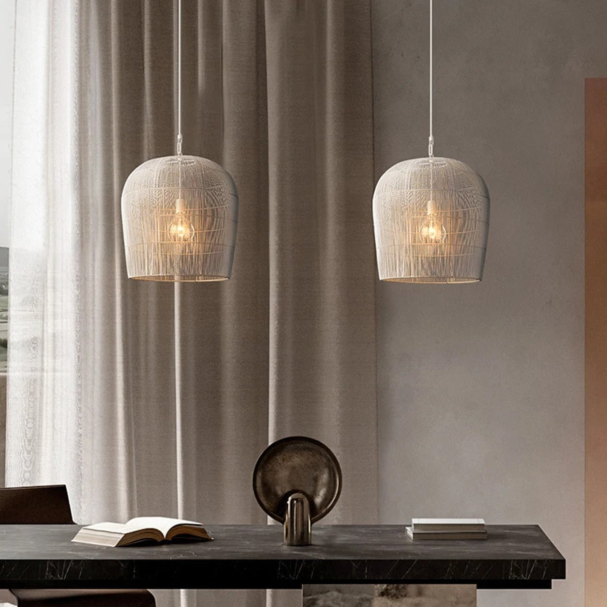 Kirinara Woven Bell Pendant Light -- White, dining table pair lifestyle