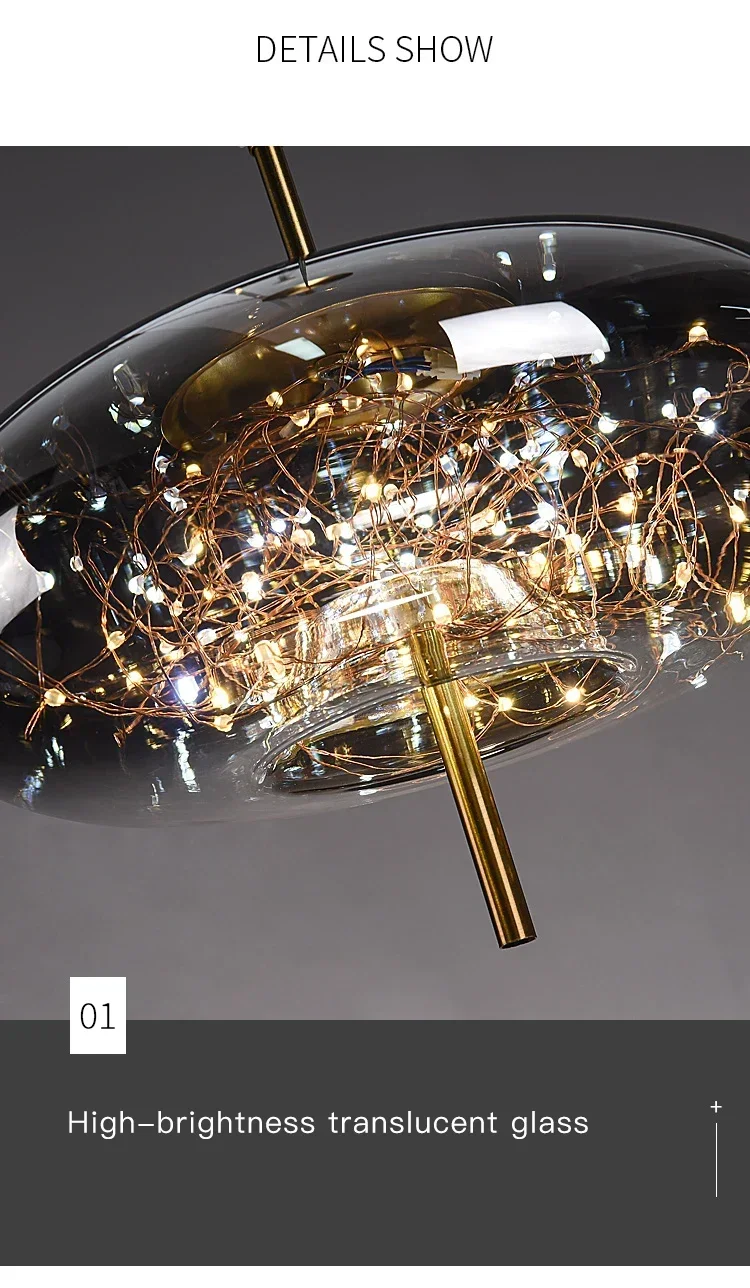 Astrelle Starlit Glass Pendant Light – macro detail of copper LED fairy-light strand