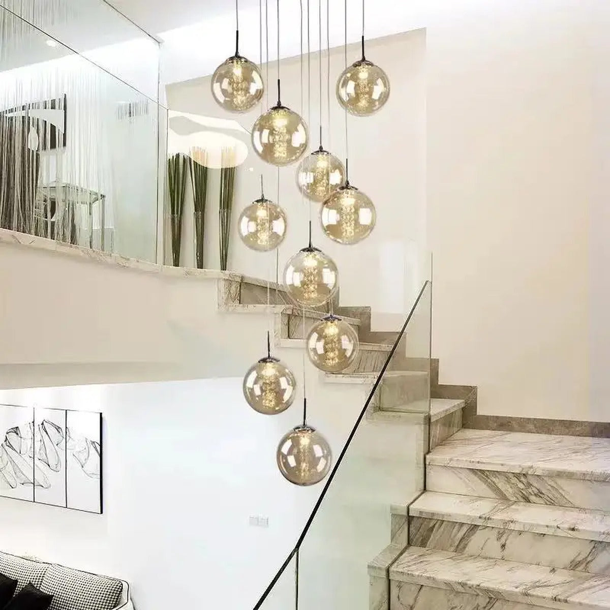 Raevox Glass Globe Spiral Chandelier – Cognac Amber Detail