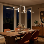 Geometric Aluminum Linear Pendant Lumero – Gold Finish, Dining Room Lifestyle (Evening)