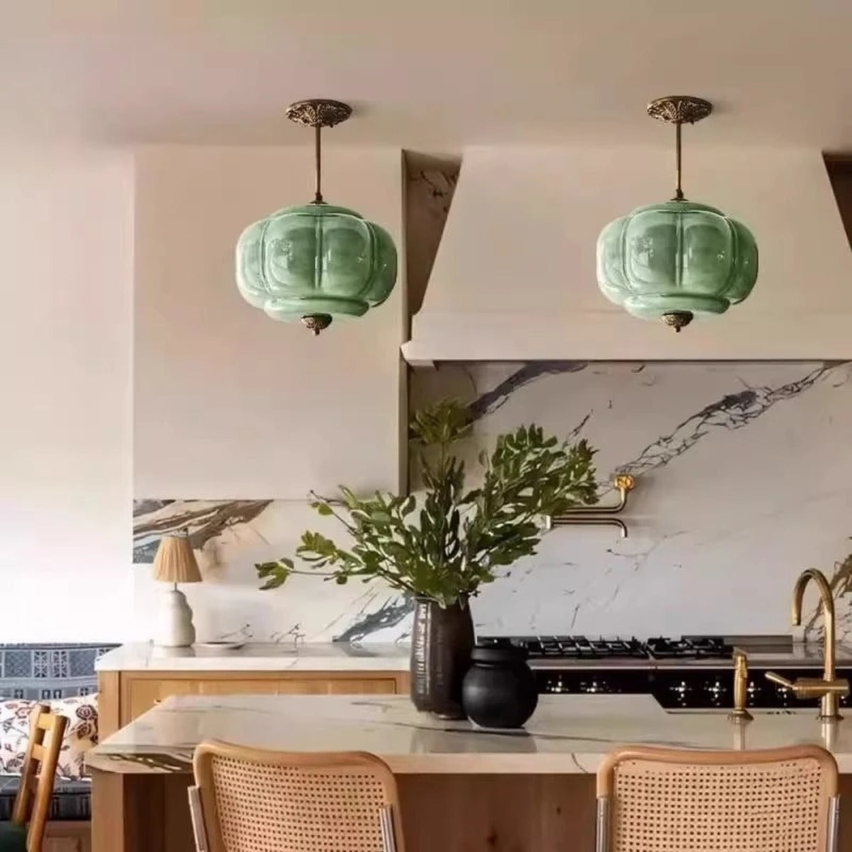 Vintage Blown Glass Lantern Pendant Light – Zarleth – Jade Green Pumpkin Pair, Kitchen Island