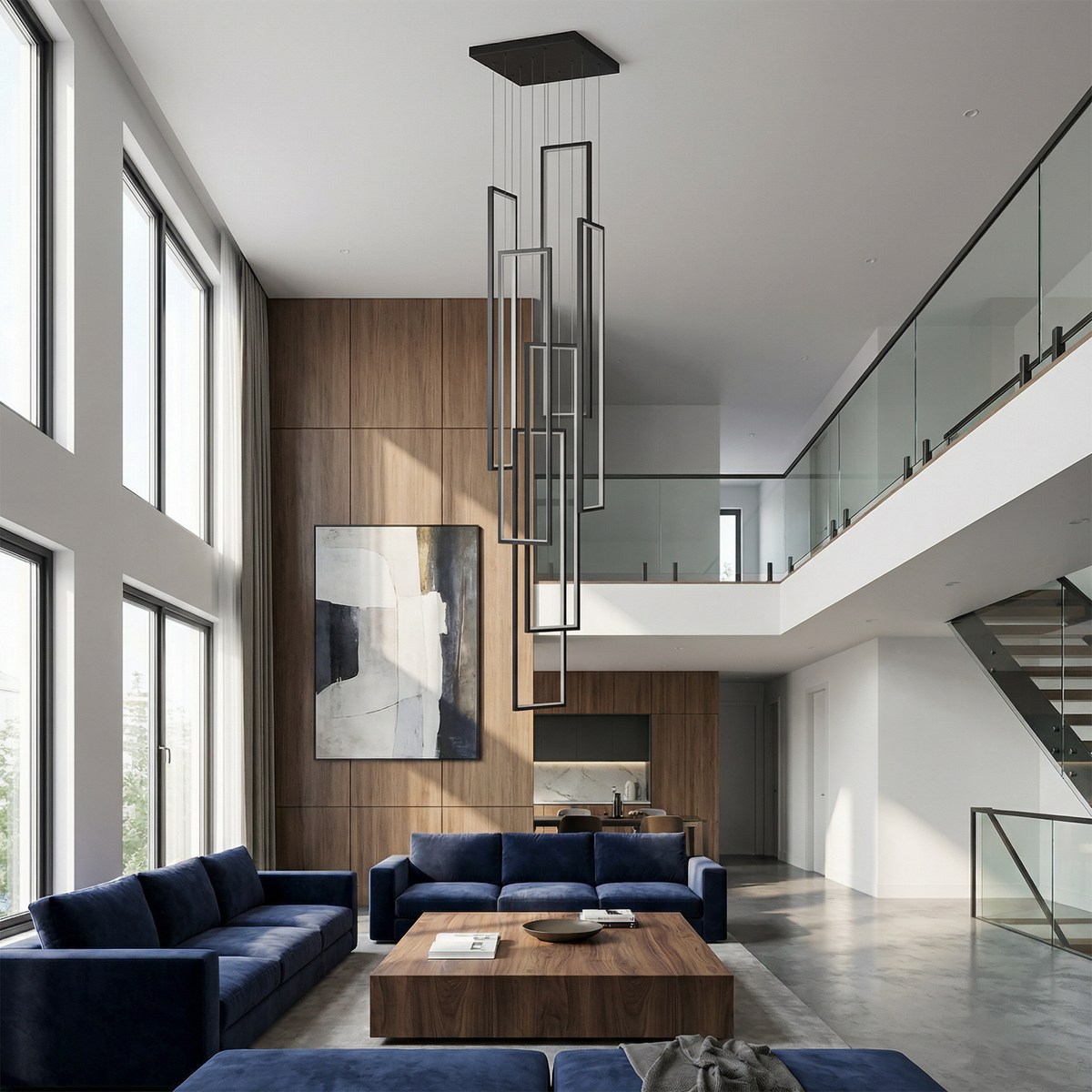 Nordic Rectangular Frame LED Chandelier Daldon – Double-Height Living Room