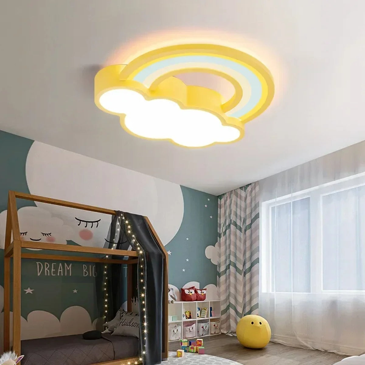 Quieton pastel rainbow and cloud LED ceiling light in a yellow child playroom