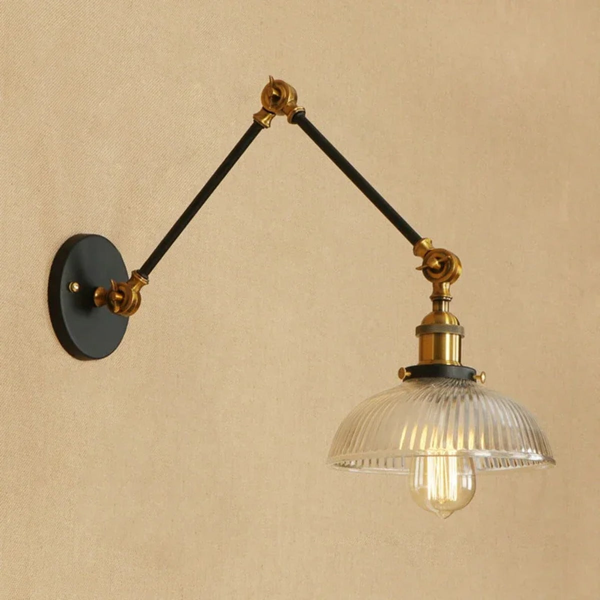 Ribbed Glass Swing-Arm Wall Sconce Velindros – Black Finish, Articulating Arm