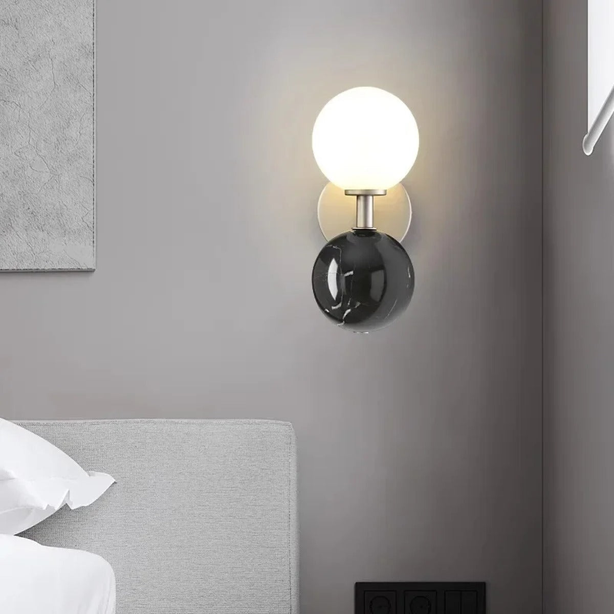 Genival — white marble version in Scandi bedroom beside bed