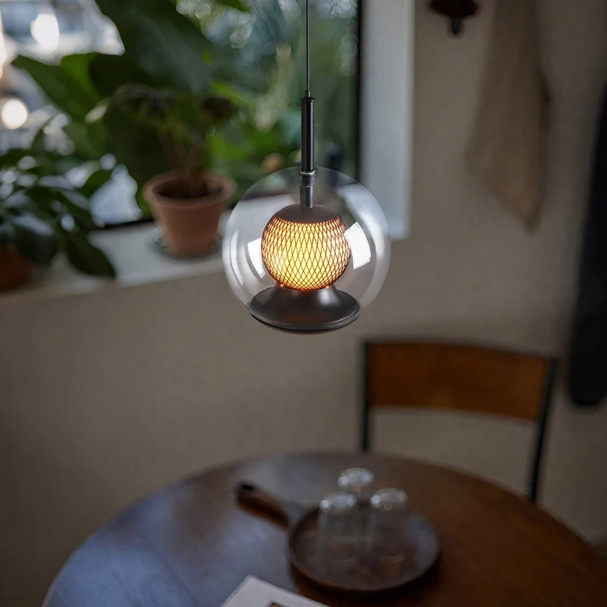 Glass Globe & Inner Mesh Pendant Light – Evrix – Living Room Lifestyle, Clear Glass