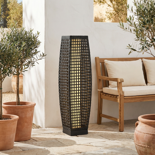 All-Weather Rattan-Effect Solar Floor Lamp Wicklow – patio lifestyle