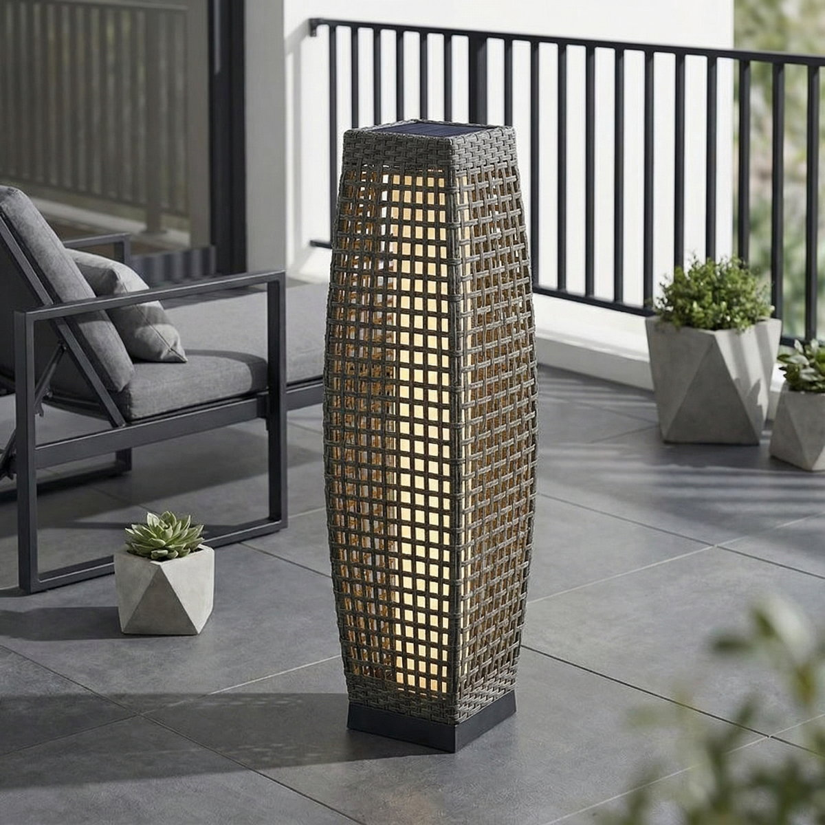 All-Weather Rattan-Effect Solar Floor Lamp Wicklow – balcony lifestyle