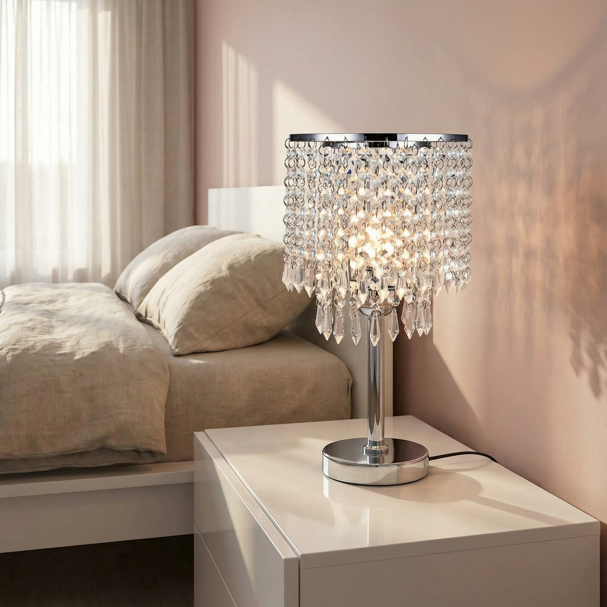 Cavelox crystal table lamp on a bedroom nightstand