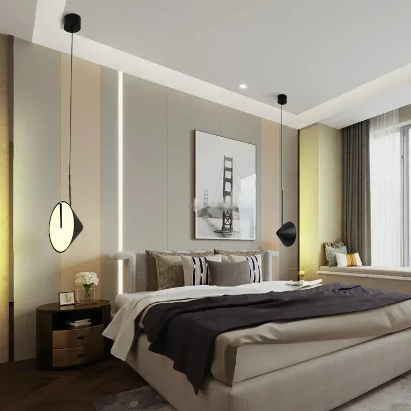 Uyaelinth adjustable-angle cone pendant — bedside lifestyle