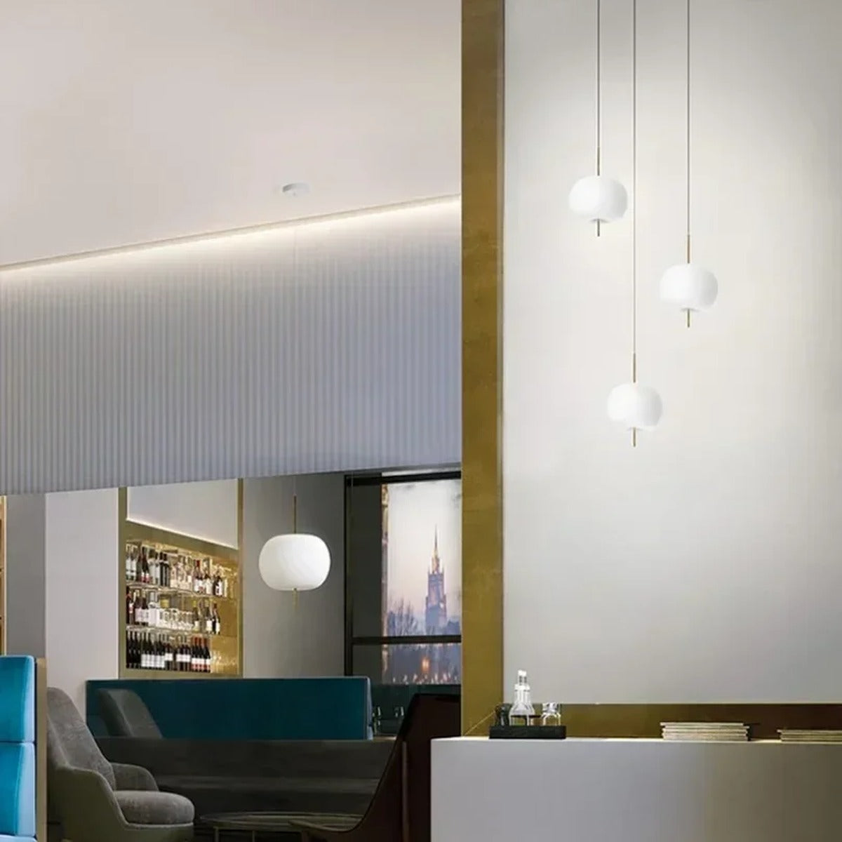 Frosted Glass Cushion Pendant Light – Rarven – Gold, Lounge Bar Lifestyle