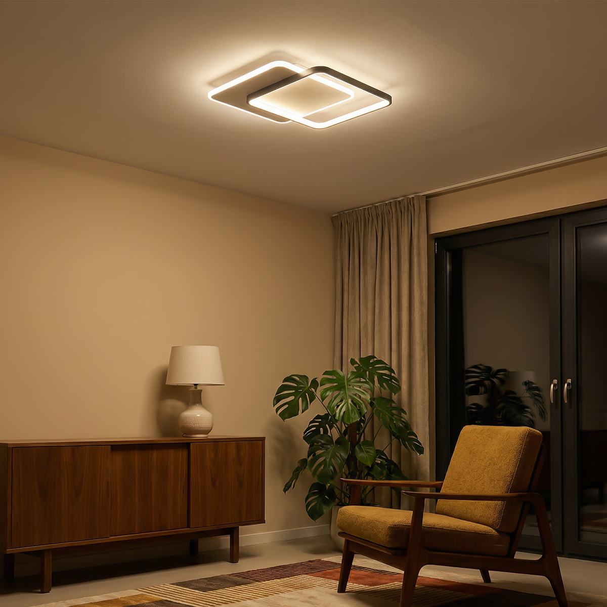 Orvena square silhouette ceiling light illuminated in a dim contemporary living room