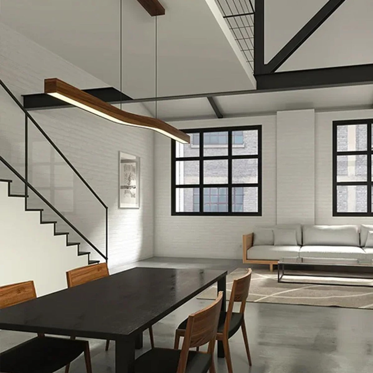 Yalvix wave-form linear pendant, 120 cm, over a dining table in an industrial loft