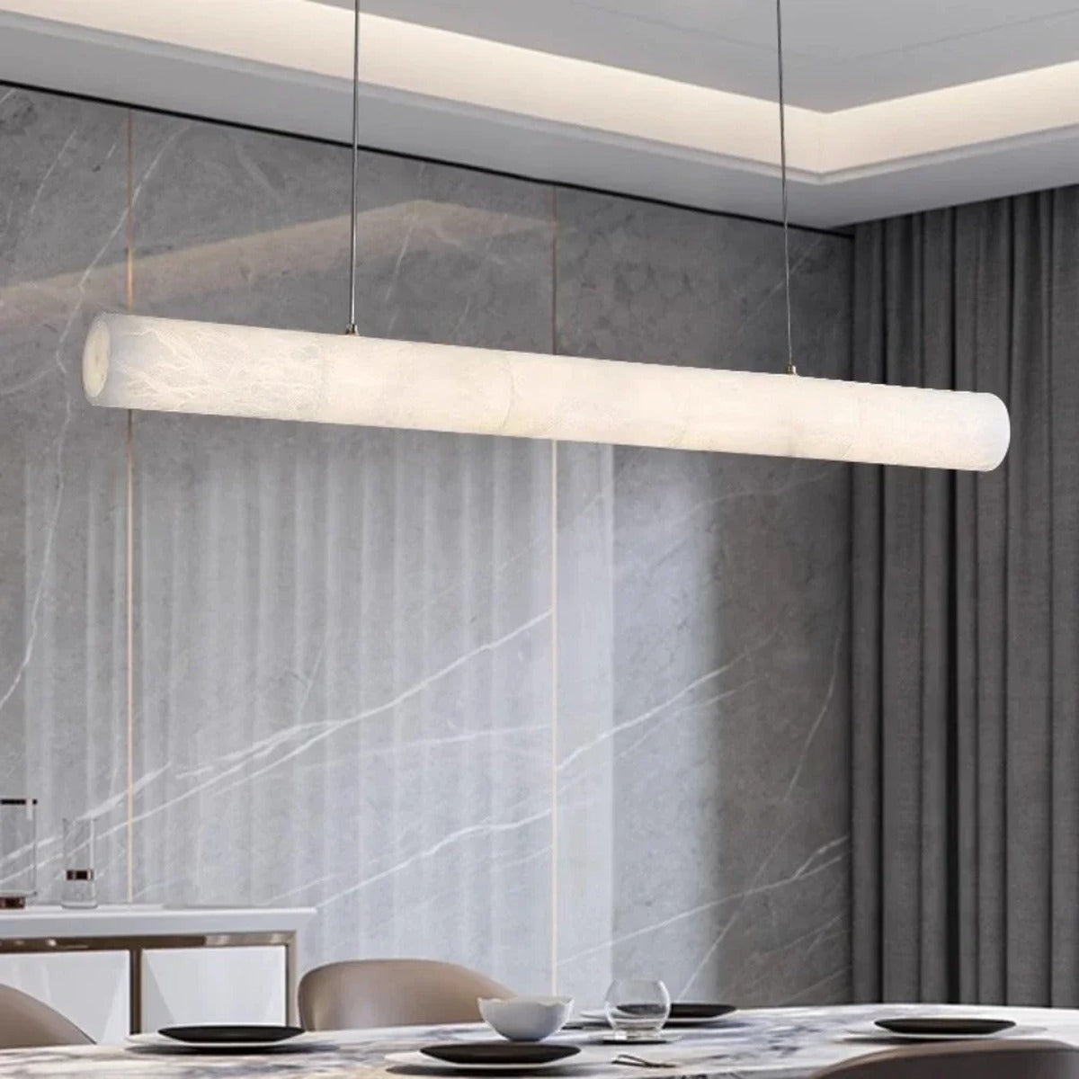 Alabaster Linear Tube Pendant Light Velantis – Lifestyle Over Dining Table