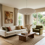 Fornox pleated fabric saucer pendant light glowing over a living room seating area
