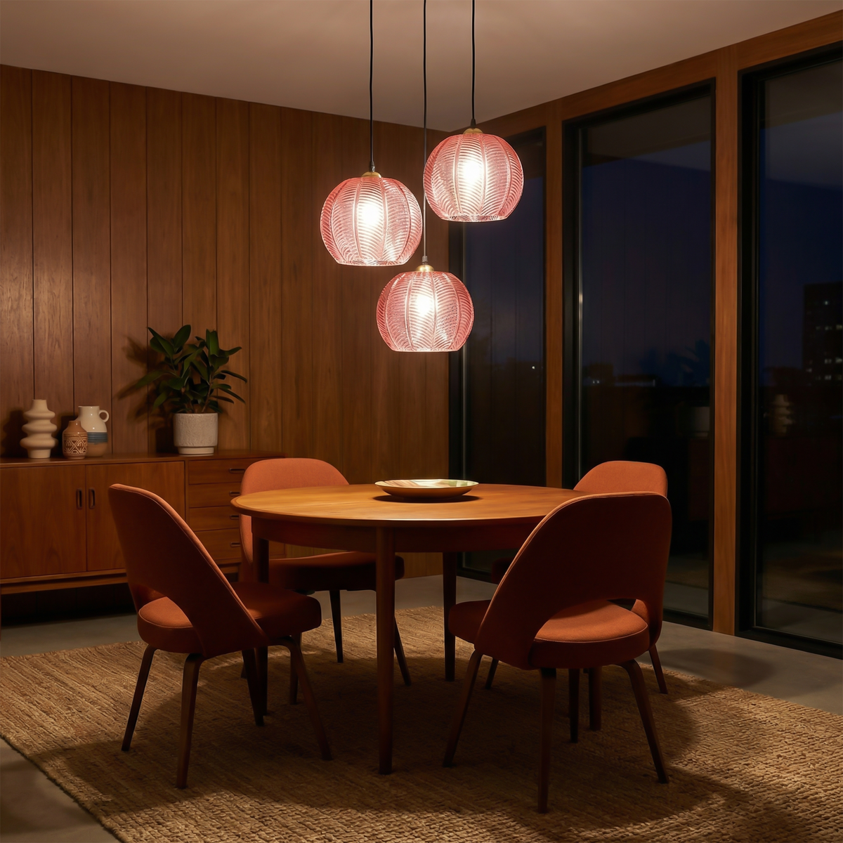 Ribbed Glass Botanical Pendant Light Banlux – Pink Trio Lifestyle
